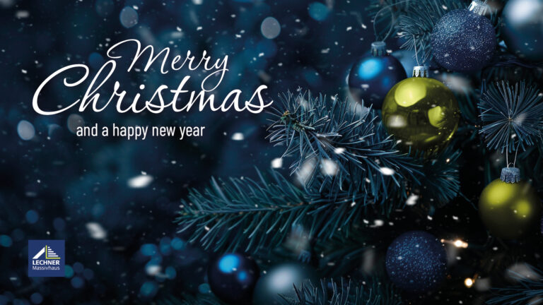 Merry Christmas and a Happy New Year, daneben eine nahaufnahme eines Weihnachtsbaumes