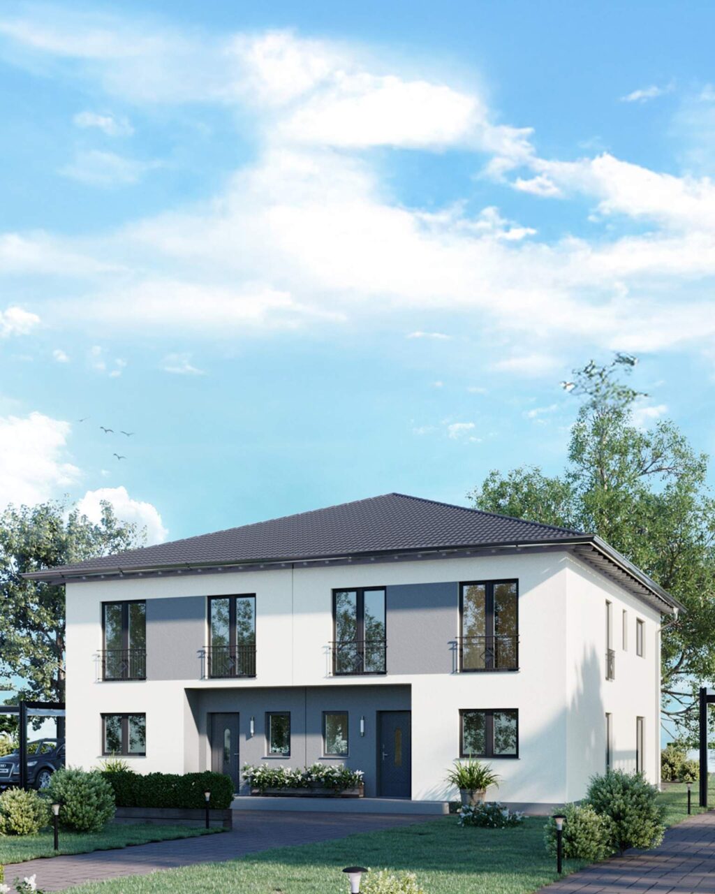 Zweistöckiges Mehrfamilienhaus mit Walmdach, weißer Fassade, grauen Akzenten, bei Tageslicht.