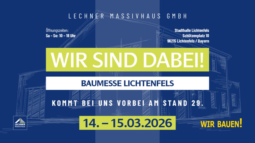 Ansprechpartner der Lechner Massivhaus GmbH für Bauinteressierte: Porträt von Marcel Kahl mit Telefonnummer vor einer Haus-Strichzeichnung und dem Slogan „WIR BAUEN!“.