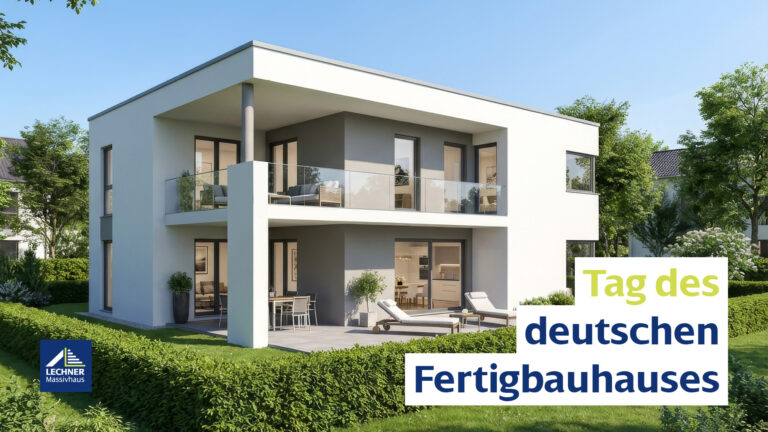 Moderner zweistöckiger Neubau von Lechner Massivhaus zum Tag des deutschen Fertigbauhauses.