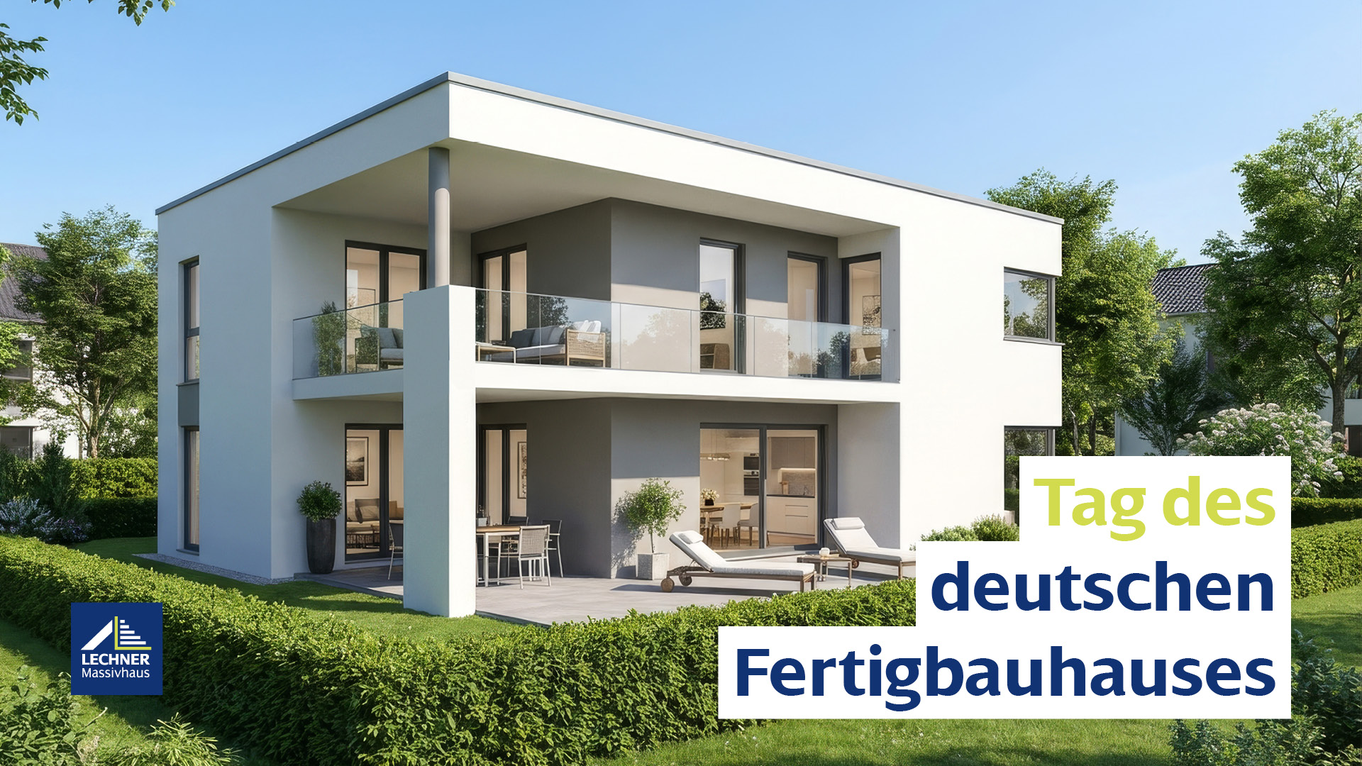 Moderner zweistöckiger Neubau von Lechner Massivhaus zum Tag des deutschen Fertigbauhauses.