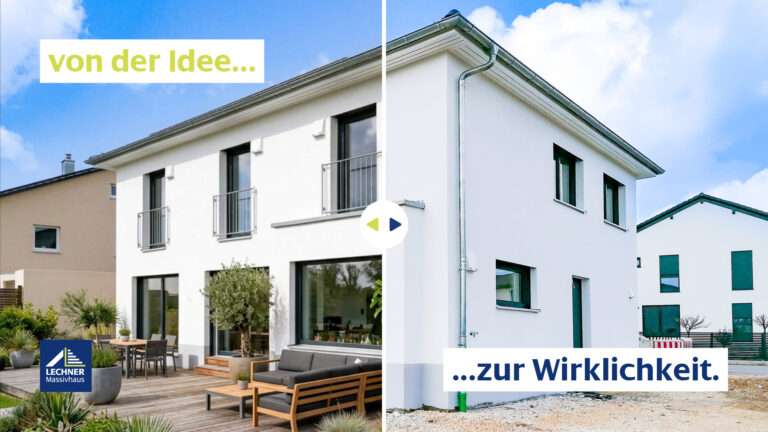Vorher-Nachher-Vergleich eines modernen Massivhauses von Lechner Massivhaus: Links die visualisierte Wohnidee mit Terrasse und Gartenmöbeln, rechts das fertiggestellte weiße Einfamilienhaus in der Realität.