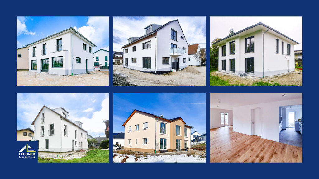 Referenzgalerie von Lechner Massivhaus: Verschiedene moderne Einfamilienhäuser und Massivhäuser in der Außenansicht sowie ein heller Innenraum mit Parkettboden nach der Fertigstellung.