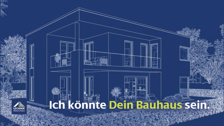 Blueprint-Illustration eines modernen, zweistöckigen Bauhaus-Einfamilienhauses von Lechner Massivhaus mit großer Terrasse, Balkon und dem Text „Ich könnte Dein Bauhaus sein.“
