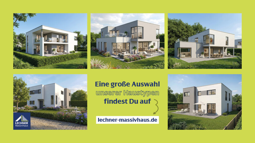 Bildcollage mit fünf modernen Bauhaus-Einfamilienhäusern von Lechner Massivhaus auf hellgrünem Hintergrund mit dem Text „Eine große Auswahl unserer Haustypen findest Du auf lechner-massivhaus.de“