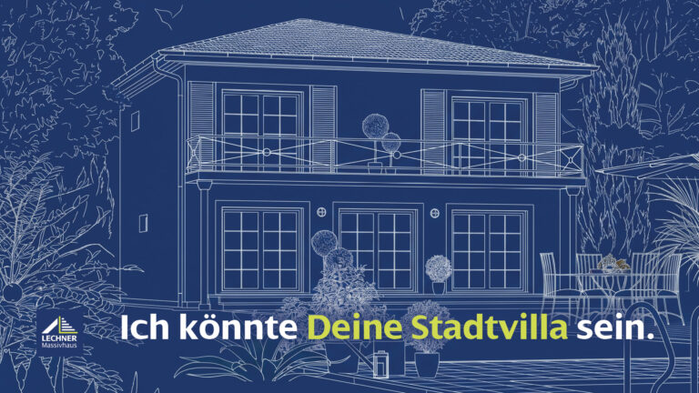 Blueprint-Illustration einer modernen zweistöckigen Stadtvilla von Lechner Massivhaus mit der Aufschrift „Ich könnte Deine Stadtvilla sein.“