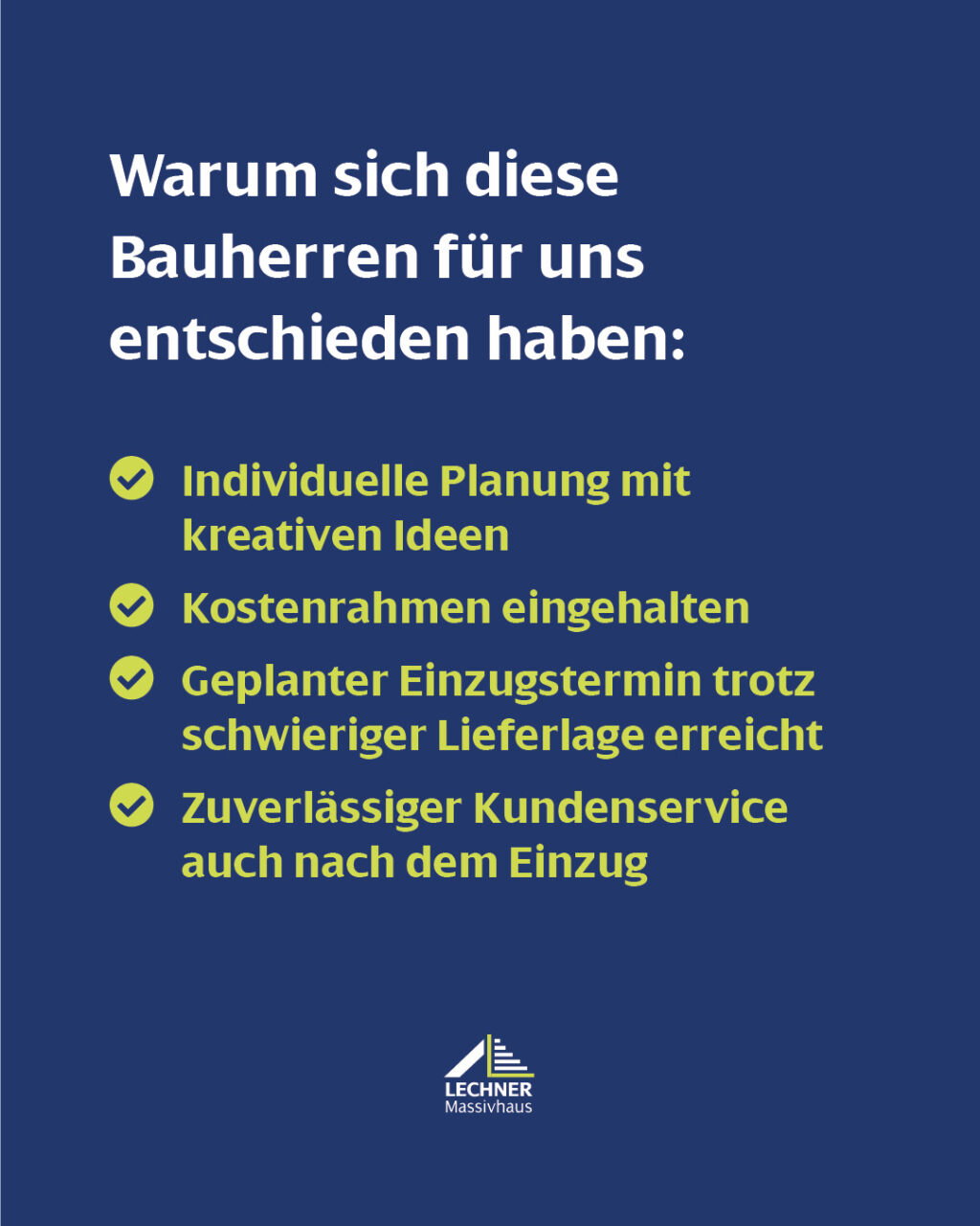 Infografik von Lechner Massivhaus mit den Vorteilen für Bauherren: Individuelle Planung, Einhaltung des Kostenrahmens, termingerechter Einzug und zuverlässiger Kundenservice.
