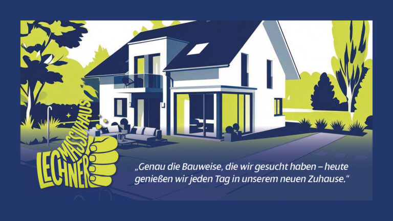 Positive Kundenerfahrung zu Lechner Massivhaus vor der Illustration eines modernen Einfamilienhauses mit Garten: „Genau die Bauweise, die wir gesucht haben – heute genießen wir jeden Tag in unserem neuen Zuhause.“