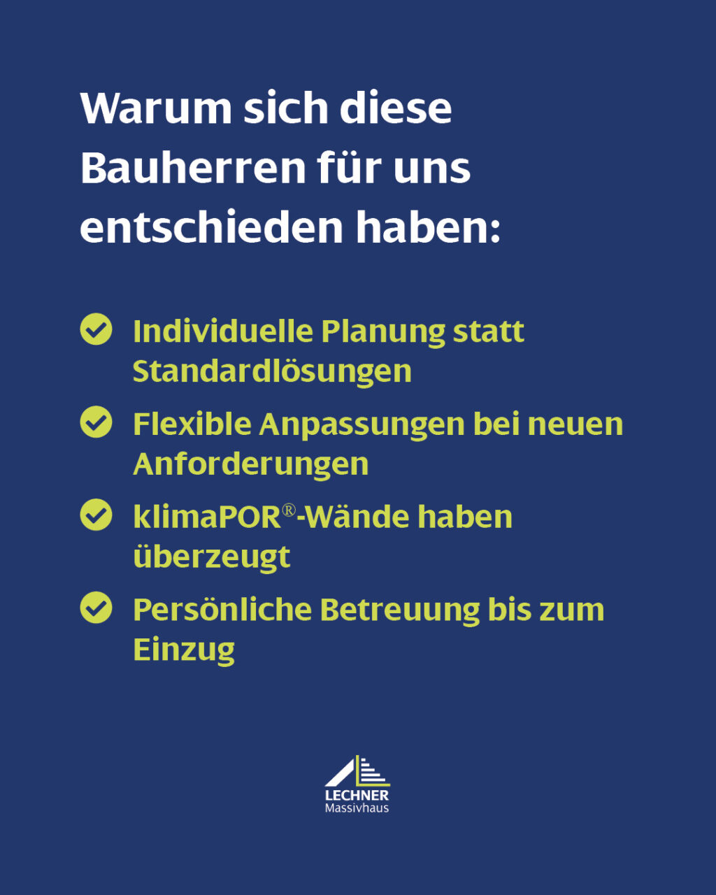 Infografik mit Vorteilen von Lechner Massivhaus: Individuelle Planung, klimaPOR-Wände und persönliche Bauherren-Betreuung