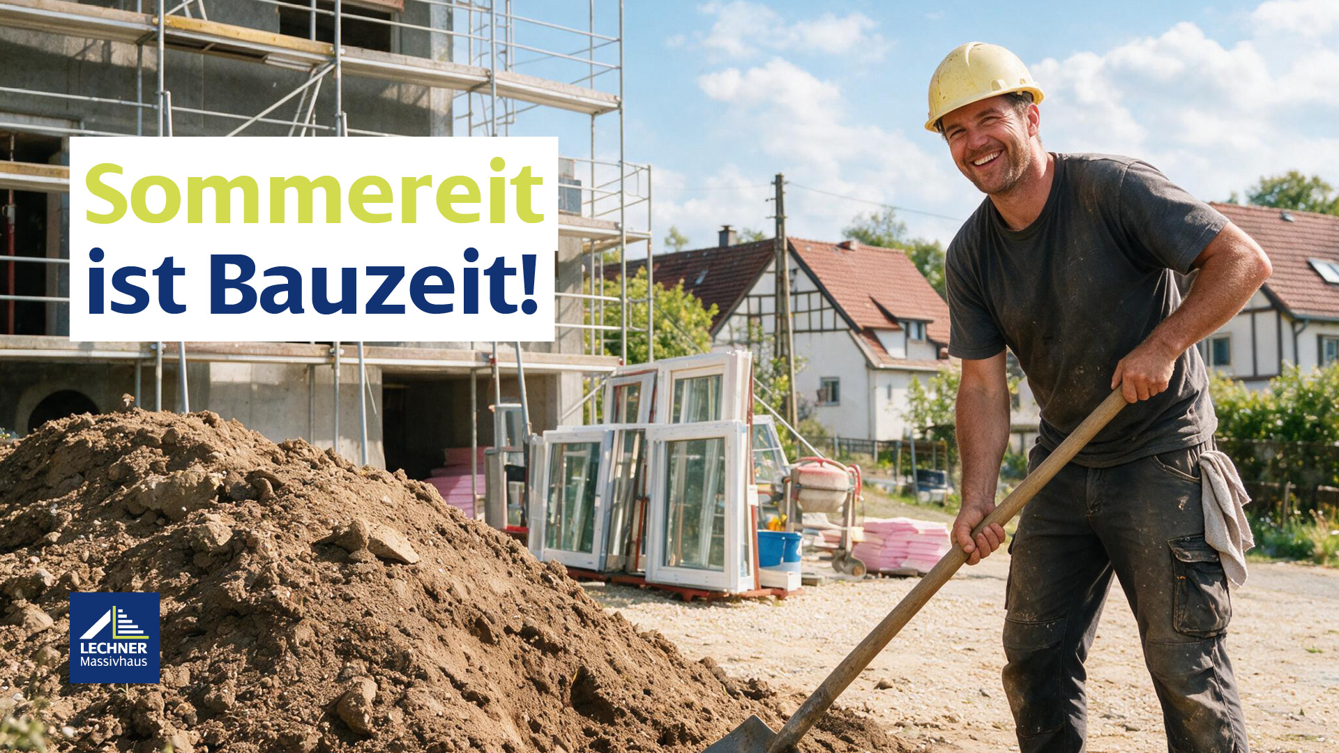 Bauarbeiter schaufelt Erde auf einer Baustelle für Lechner Massivhaus mit dem Text „Sommerzeit ist Bauzeit!“.