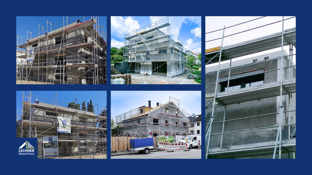 Fotocollage mit verschiedenen Rohbauten, Baugerüsten und Detailaufnahmen von Lechner Massivhaus.