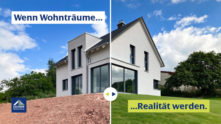 Vorher-Nachher-Vergleich: Neugestaltung des Gartens mit grünem Rasen an einem Lechner Massivhaus.