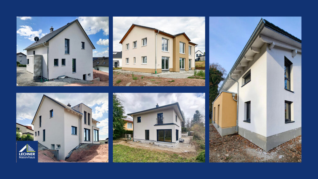 Modernes Einfamilienhaus von Lechner Massivhaus aus zwei Außenperspektiven mit hell verputzter Fassade.