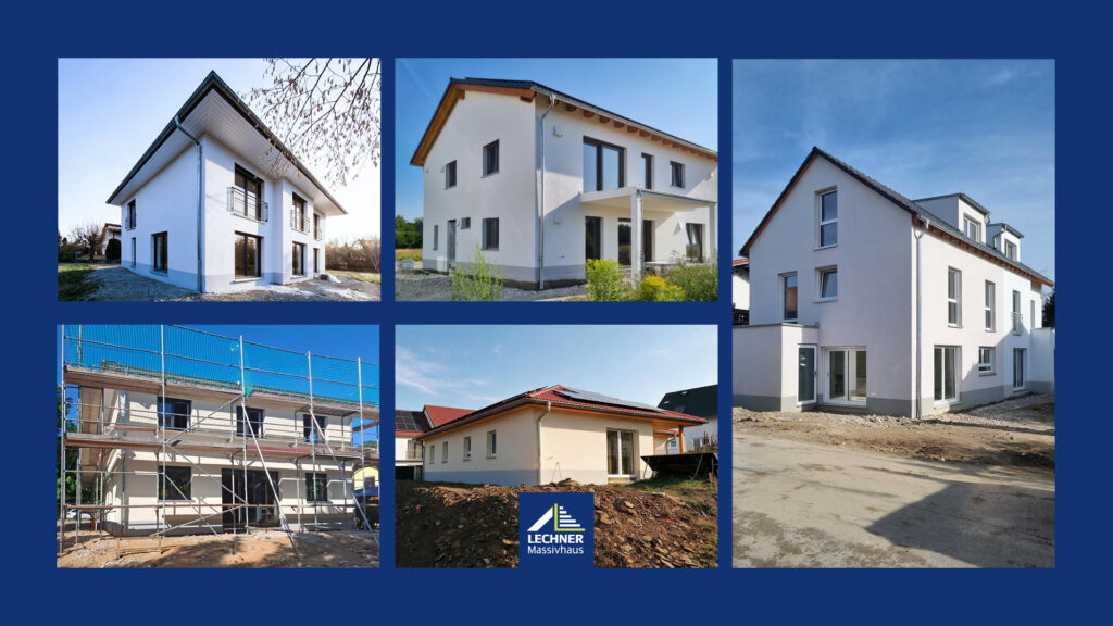 Collage verschiedener Bauprojekte und Fertighäuser von Lechner Massivhaus in der Bau- und Fertigstellungsphase